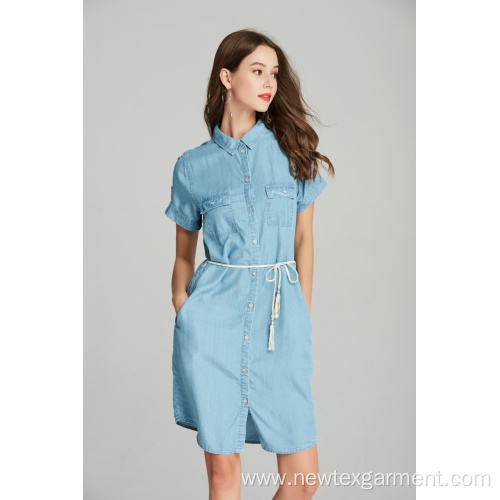 denim tencel short sleeve belt ladies shirt dress